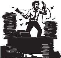 A frustrated man on a desk yelling at a phone with piles of paperwork in a black and white illustration vector