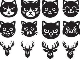 A collection of black and white images featuring cat faces and deer heads with antlers drawn vector