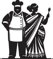 Silhouette of chef and woman in sari with fork in black and white illustration vector
