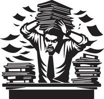 Stressed man with stack of papers on head and desk with flying documents in black and white illustration vector