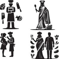 A compilation of chef illustrations with various themes and cultural representations in black and white vector