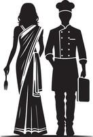 Silhouette of a woman in a sari holding a fork and a chef holding a cutting board vector