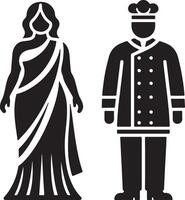Illustration of a woman in a saree and a chef standing next to each other in black vector