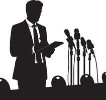 A silhouette of a man in a suit holding a document standing behind multiple microphones on a podium vector