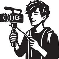 A young man holding a camera with a smile in a black and white illustration style image view vector