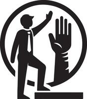 A black and white icon depicting a man stepping up with a hand raised inside a circle design vector