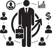 Illustration of a business person with briefcase surrounded by network and growth symbols in black and white vector