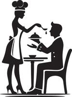 Silhouette of chef serving food to a seated man at a table in black and white vector