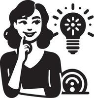 A woman with an idea standing next to a lightbulb and a wifi symbol in a black and white illustration vector
