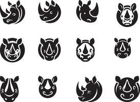 A collection of twelve black and white rhino head illustrations in various stylized designs and orientations vector