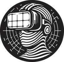 Stylized illustration of a person wearing a vr headset in a circular black frame vector