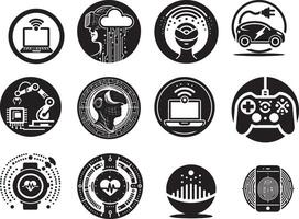 Collection of black and white technology icons featuring ai, iot, and wearable devices in circles vector