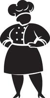 Black silhouette of a chef in uniform with hands on hips against a white background vector