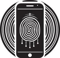Black and white graphic of a phone with a fingerprint scanner and concentric circles vector