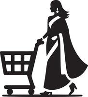 Silhouette of a woman in a saree pushing a shopping cart in a minimalist black and white design vector