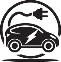Electric car icon with plug and lightning bolt inside a circle in black and white vector