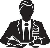 Silhouette of a man in a suit writing on paper while holding a microphone in his other hand vector