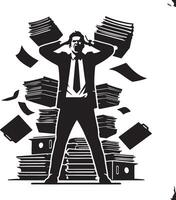 Illustration of a stressed businessman with hands on head amidst falling paper stacks in black and white vector
