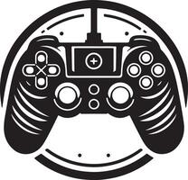 A black and white graphic of a game controller inside of a circular design element vector