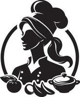 Silhouette of a female chef with vegetables and a cooking pot in a circular frame vector