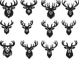 Collection of twelve black and white deer head illustrations with various antler designs and facial features vector