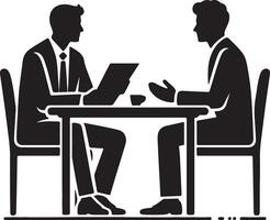 Two men in suits sitting at a table in silhouette having a discussion with a document and coffee cup vector