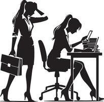 Silhouette of two businesswomen one with a briefcase and the other at a desk with a laptop and phone vector