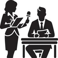 Silhouette of a reporter interviewing a seated man at a desk with a microphone and notepad in hand vector
