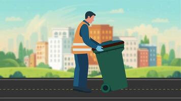 Sanitation Worker Pushing Trash Bin Animation video