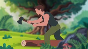 A man is cutting down a tree with an axe video