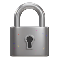 Close up rendered image of a shiny silver padlock with keyhole and decorative confetti elements png