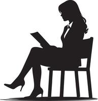 Silhouette of woman sitting on chair reading a document in suit and heels isolated on white background vector