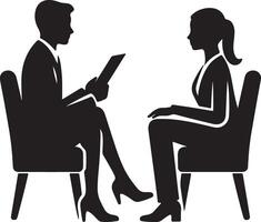Silhouette of a man holding a document sitting across from a woman in a meeting or consultation setting vector