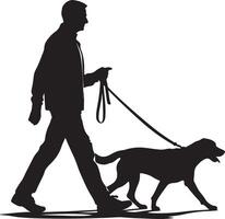 Silhouette of a man walking a dog on a leash in a side profile view against a white background image vector