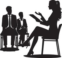 Silhouette of a woman presenting to two seated men in suits in a business meeting setting style vector