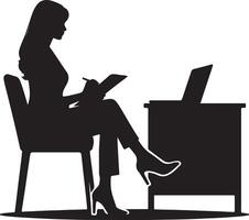 Silhouette of a woman sitting on a chair writing on a notepad next to a desk with a laptop on it vector