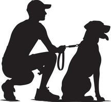 Silhouette of a person crouching with a dog on a leash in a black and white illustration vector