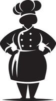 Silhouette of a chef with hands on hips wearing a chef's hat and apron in black vector