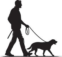 Silhouette of a man walking a dog on a leash with a cane in hand against a white background art vector