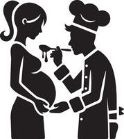 Silhouette of pregnant woman being fed by a chef with a spoon in black and white vector