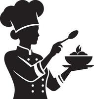 Silhouette of a chef holding a bowl of food with a spoon in a black and white image vector