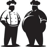 Two chefs in uniform standing side by side in a black and white illustration vector