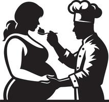 Silhouette of pregnant woman being fed apple by chef in black and white image vector