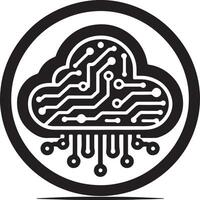 Digital cloud with circuit board pattern inside a black circle on white background vector