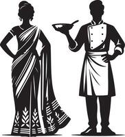 Black and white illustration of a woman in a sari and a chef holding a frying pan vector