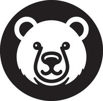 A simple black and white illustration of a bear face inside a black circle shape vector