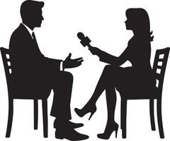 Silhouette illustration of a man being interviewed by a woman holding a microphone on a white background vector