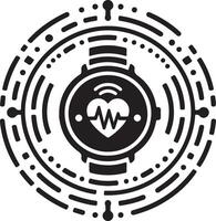 Stylized smartwatch icon with heart rate monitor surrounded by circular design elements vector