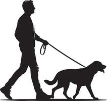 A silhouette of a man walking a dog on a leash in a side profile view against a white background scene vector