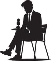 Silhouette of a man in a suit sitting on a chair with a microphone and a document in his hands vector